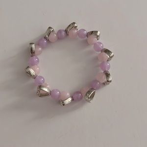 Pink and purple glass beaded bracelet with silver hearts🩷